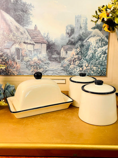 Vintage Enamel Kitchen Canister Set with Butter Dish | Cream & Black