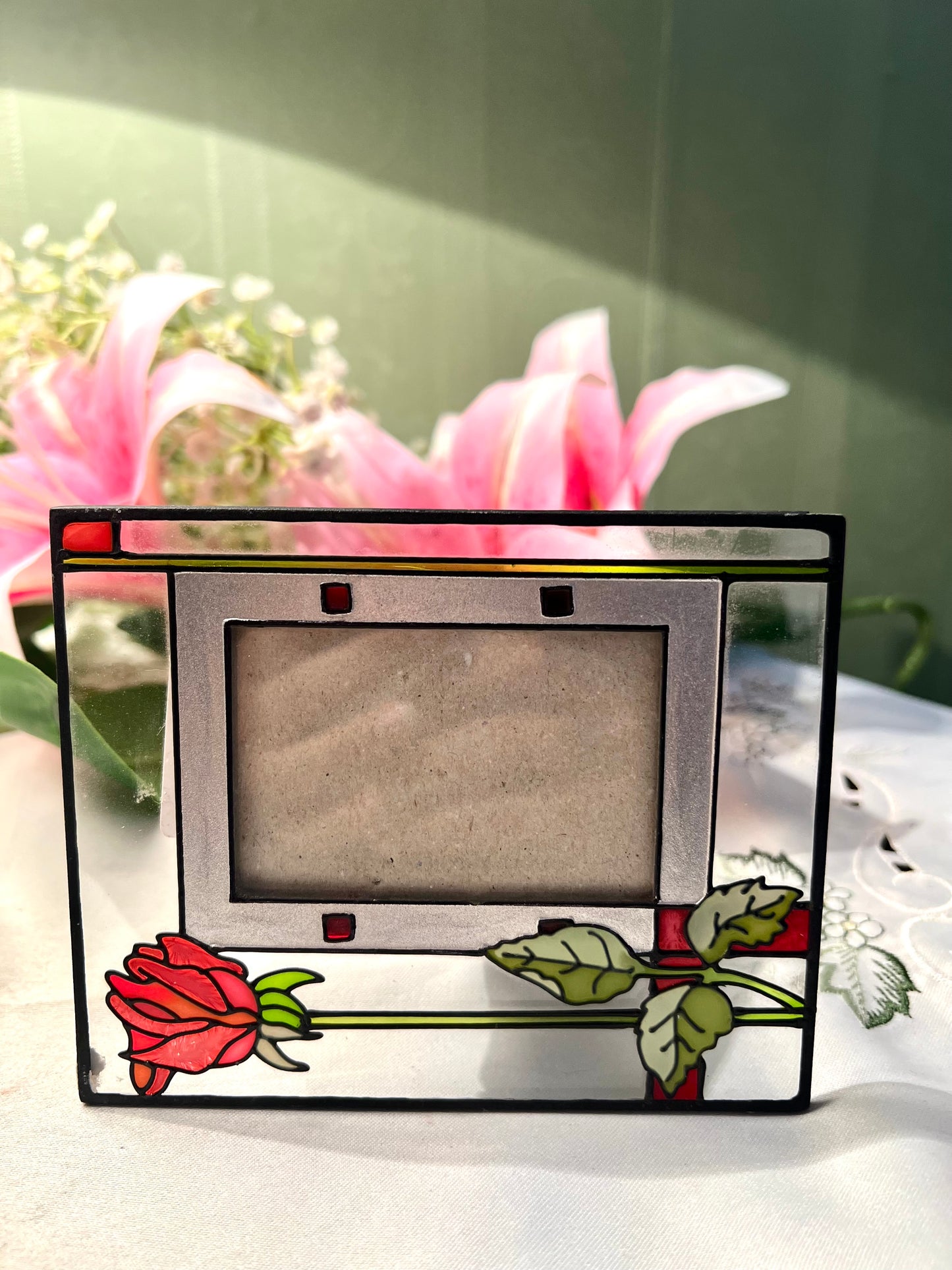Vintage Hand painted Stained Glass Rose Photo Frame 15cm