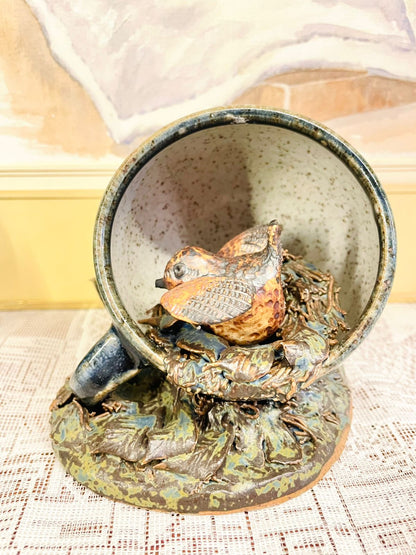 Vintage Bird in a Cup Ceramic Figurine - Handcrafted Nature-inspired Art