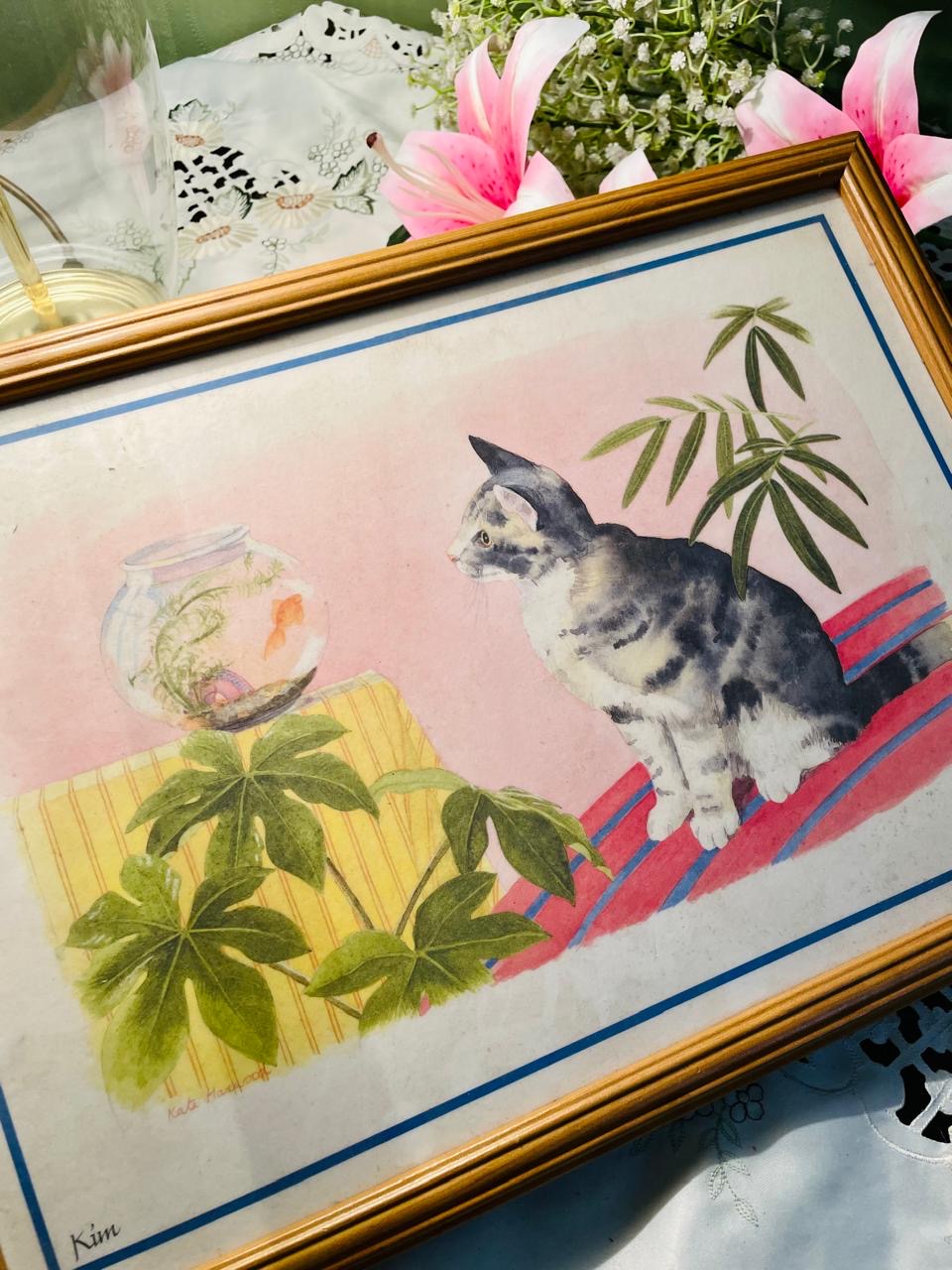 Framed Cat & Fish Bowl Art Table 42 cm