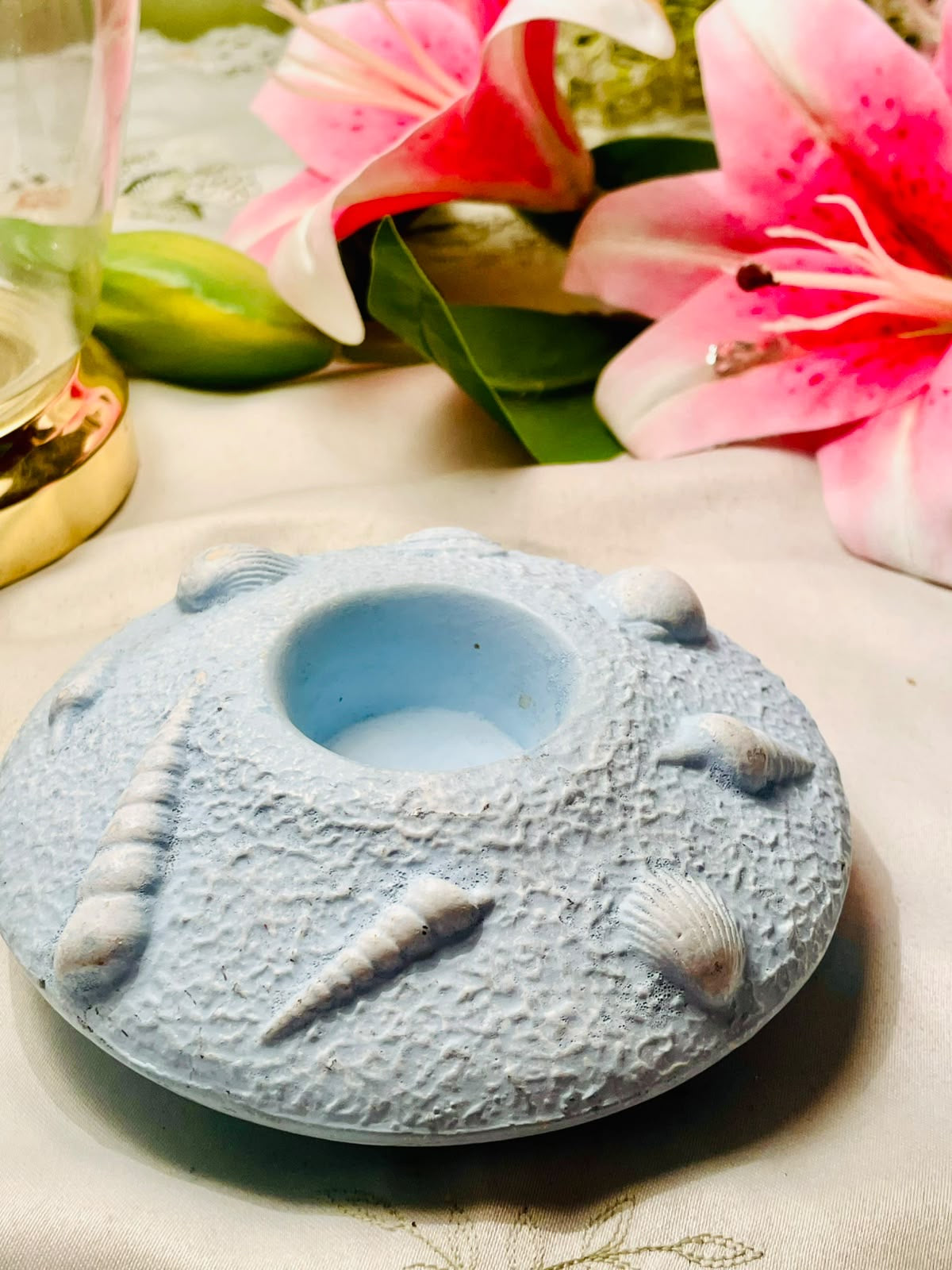 Vintage Pastel Blue Seashell Coastal Candle Holder 13cm
