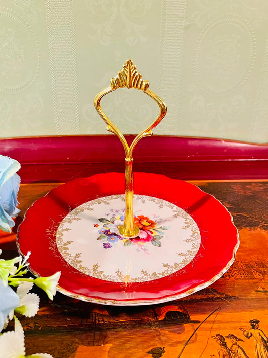 Red Floral Handled Fine Bone China Serving Plate – 6 Inch