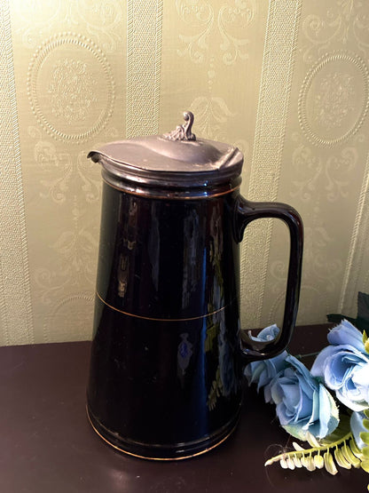 Vintage Black Ceramic Coffee Pot Swan Lid Farmhouse Server