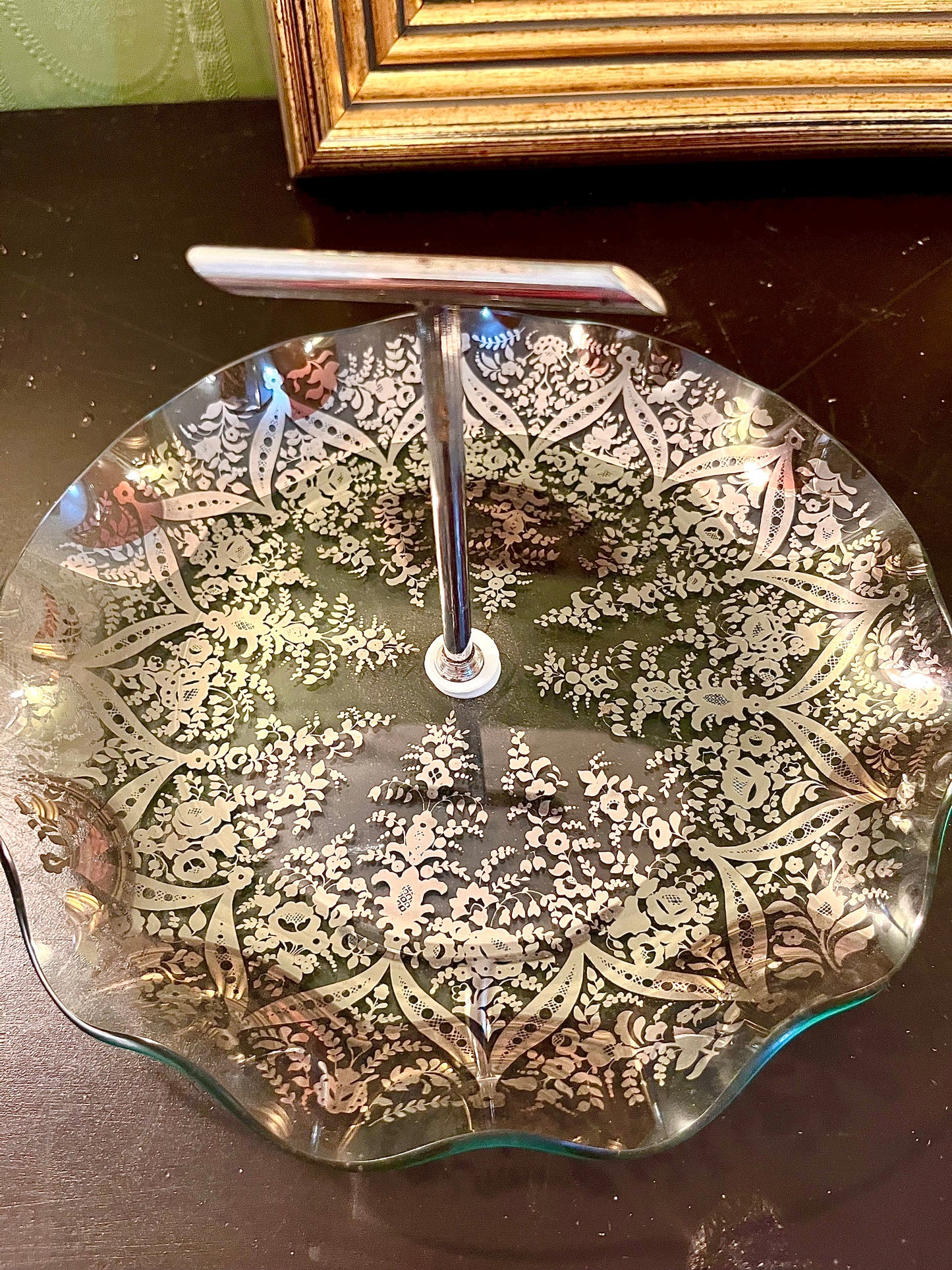 Vintage Silver Floral Glass Serving Tray with Handle – 8 Inch