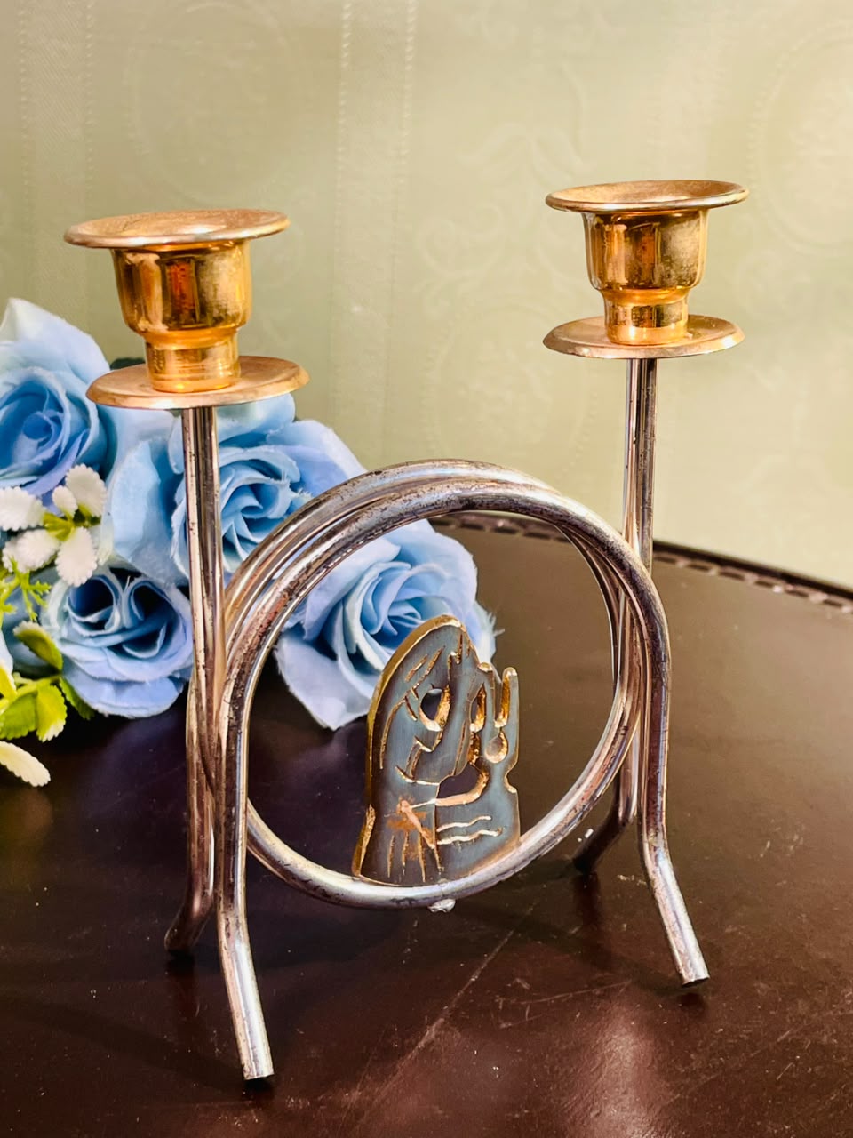 Vintage Silver & Brass Double Candle Holder 18cm