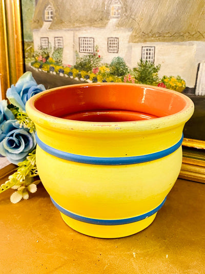 Yellow & Blue Striped Ceramic Planter – Vibrant Cottage-Core Decor