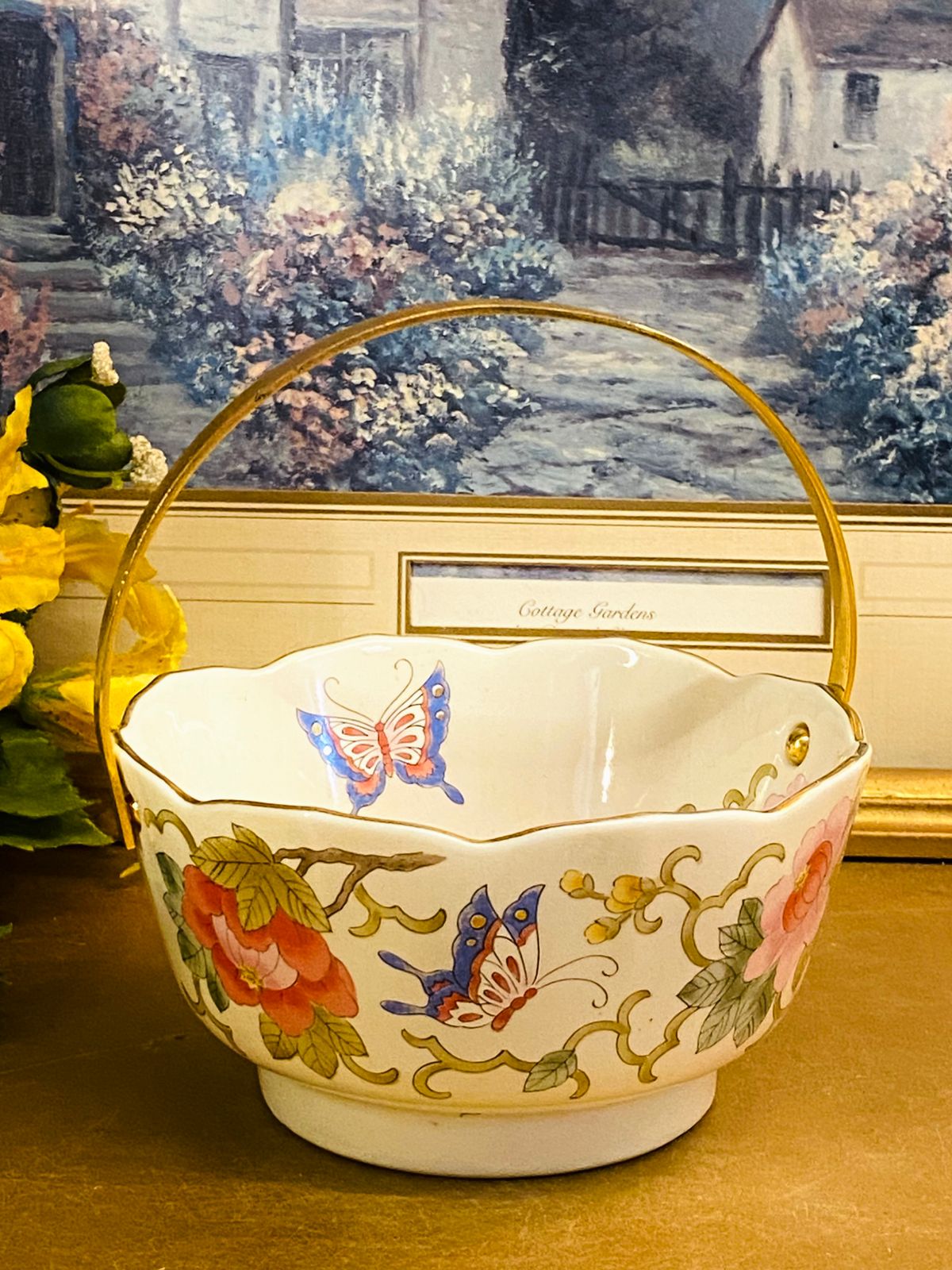 Vintage Floral Butterfly Porcelain Basket Bowl 5"