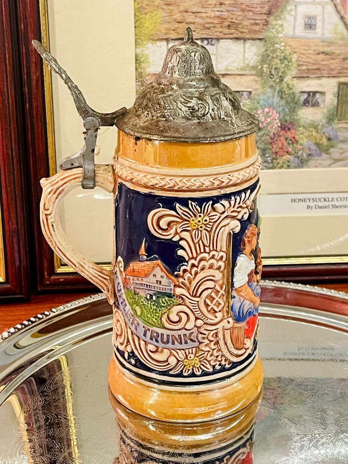 Vintage Beer Stein, German Stein, Pewter Lid Stein, Ceramic Beer Mug, Embossed Stein, Rustic Bar Decor, Collectible Stein, European Souvenir Mug