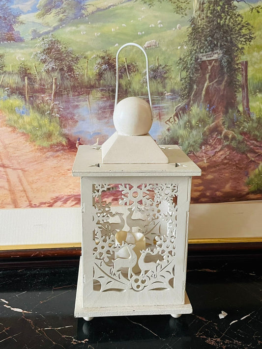 wooden led lantern, reindeer cutwork lamp, christmas decor pakistan, flameless candle lantern, nordic winter lantern, cozy home decor, vintage wooden light box, battery operated candle lamp, snowflake lantern decor, sunset kitchen vintage finds, rare thrift decor, cottagecore night light