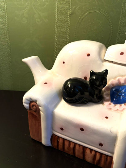 Vintage Cat Sofa Teapot Ceramic Whimsical Animal Tea Pot