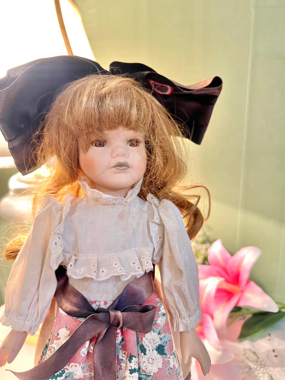 Vintage Porcelain-Style Collectible Doll in Floral Dress 42 cm