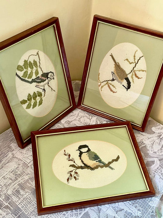 Set of 3 Vintage Bird Cross Stitch Wall Frames – Cottagecore Home Decor