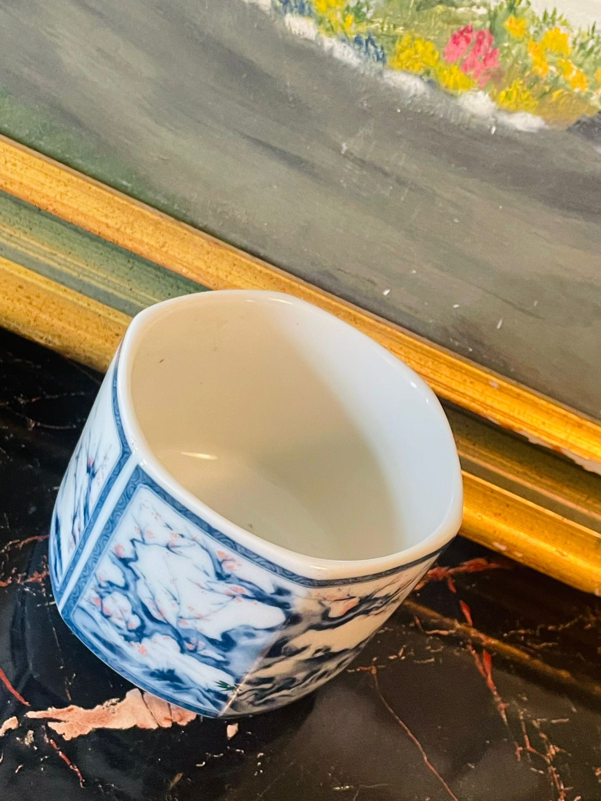 Japanese Porcelain Brush Pot – Blue & White Cherry Blossom Landscape