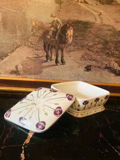 Vintage English Porcelain Trinket Box – Art Nouveau Violet Floral Design