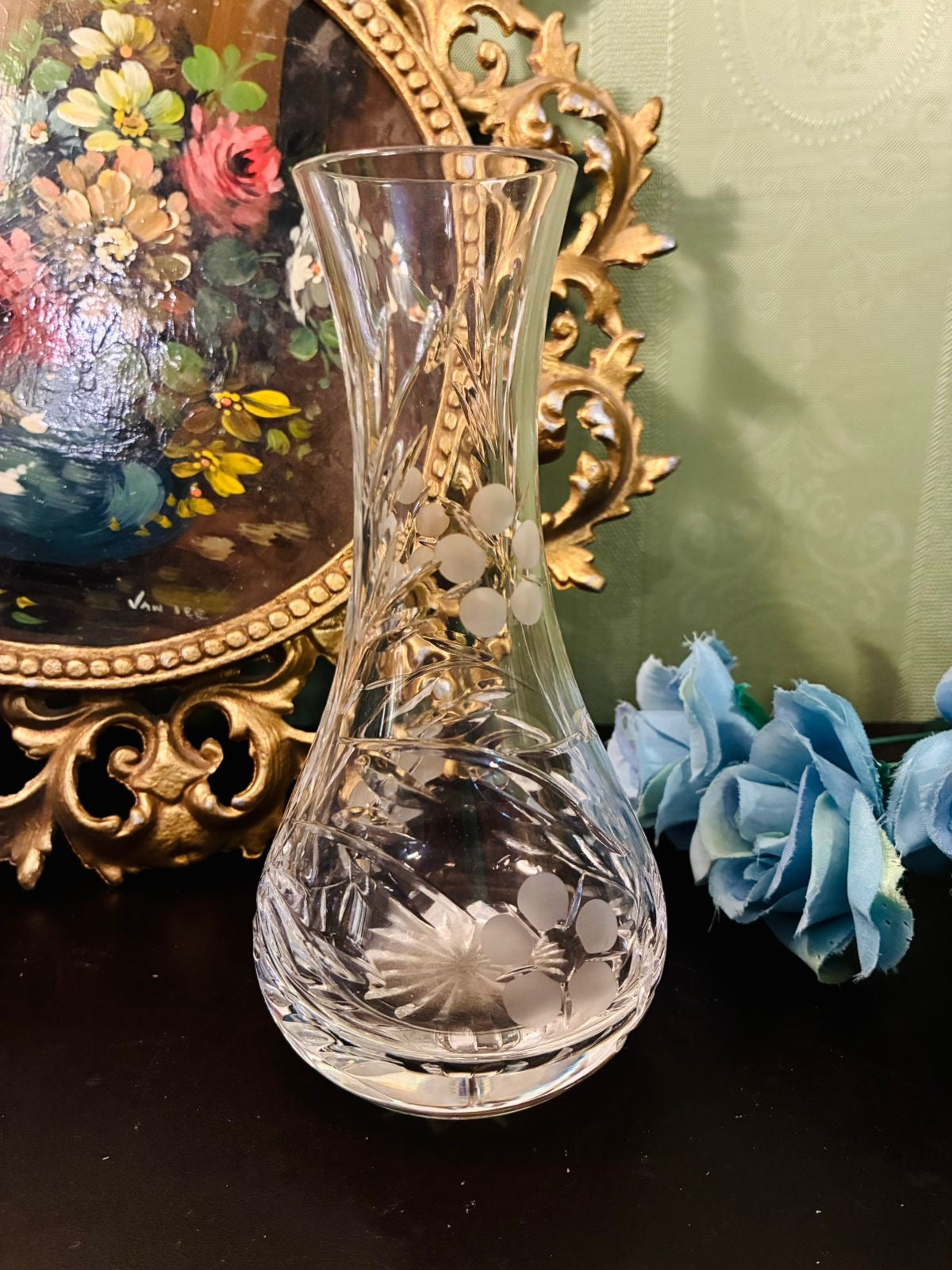 Vintage Etched Crystal Floral Bulb Vase