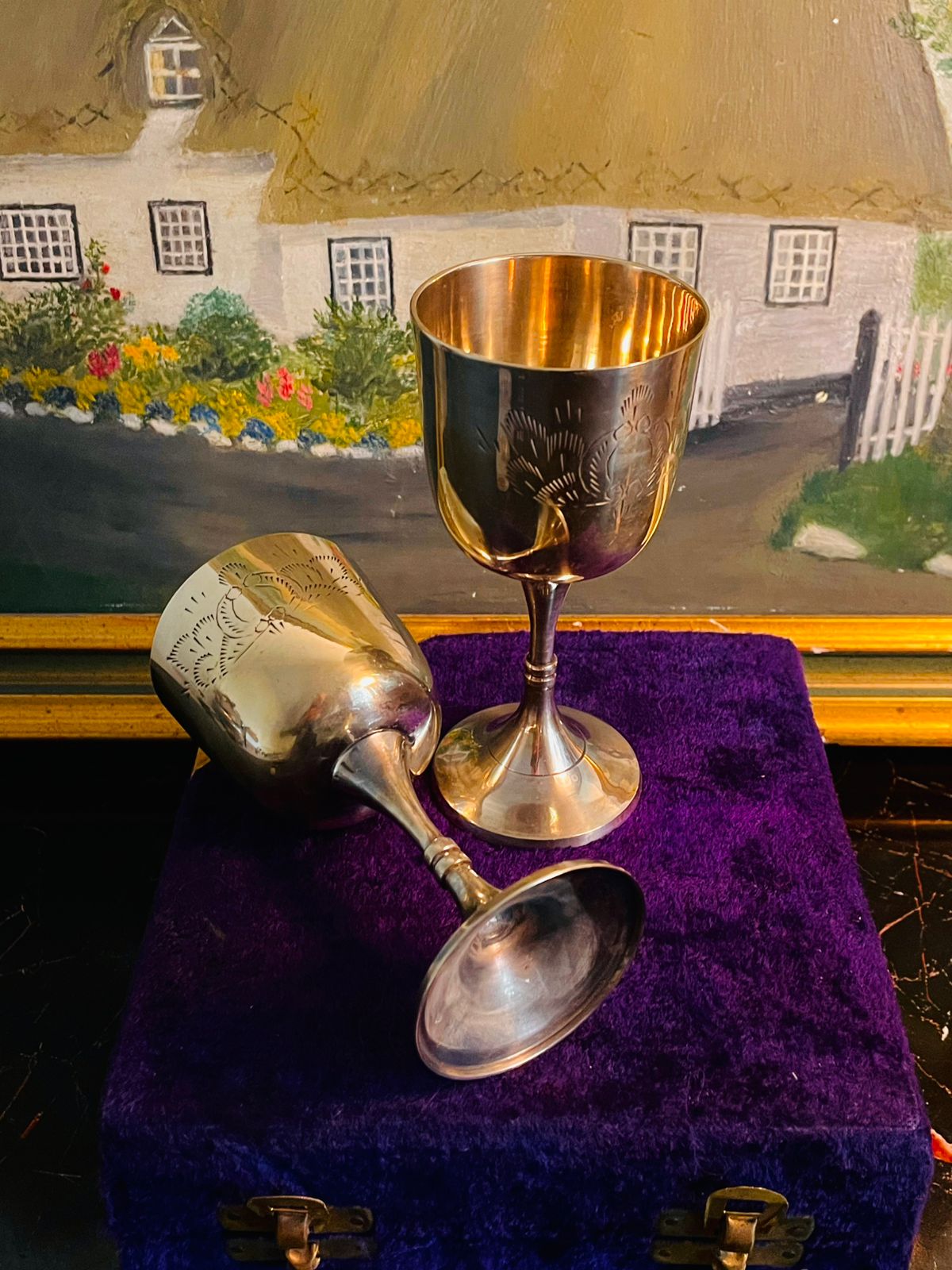 Vintage Silver-Plated Goblet Set in Velvet Case – Etched Floral Design