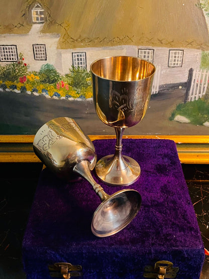 Vintage Silver-Plated Goblet Set in Velvet Case – Etched Floral Design