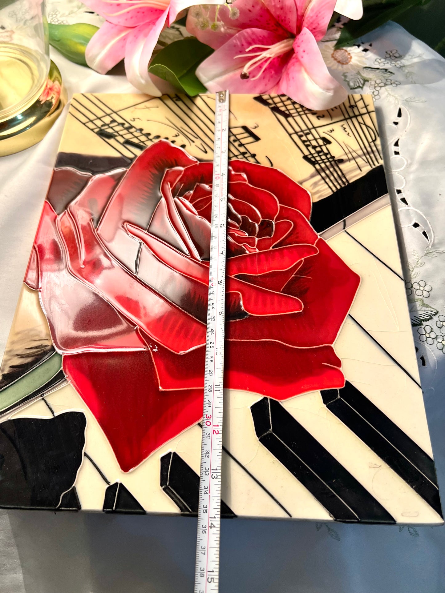 Vintage Red Rose Piano Keys Musical Wall Art plaque 38cm