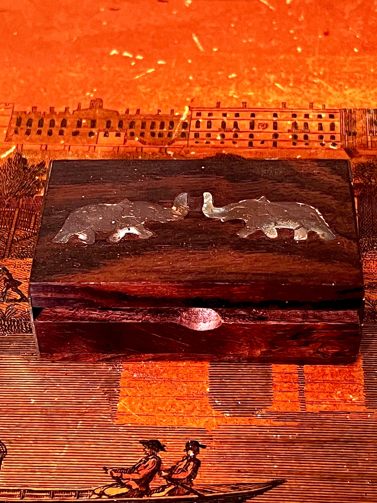 Vintage Wooden Trinket Box with Metal Elephant Inlay Small Jewellery Keepsake Box