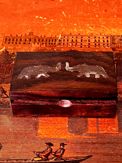 Vintage Wooden Trinket Box with Metal Elephant Inlay Small Jewellery Keepsake Box