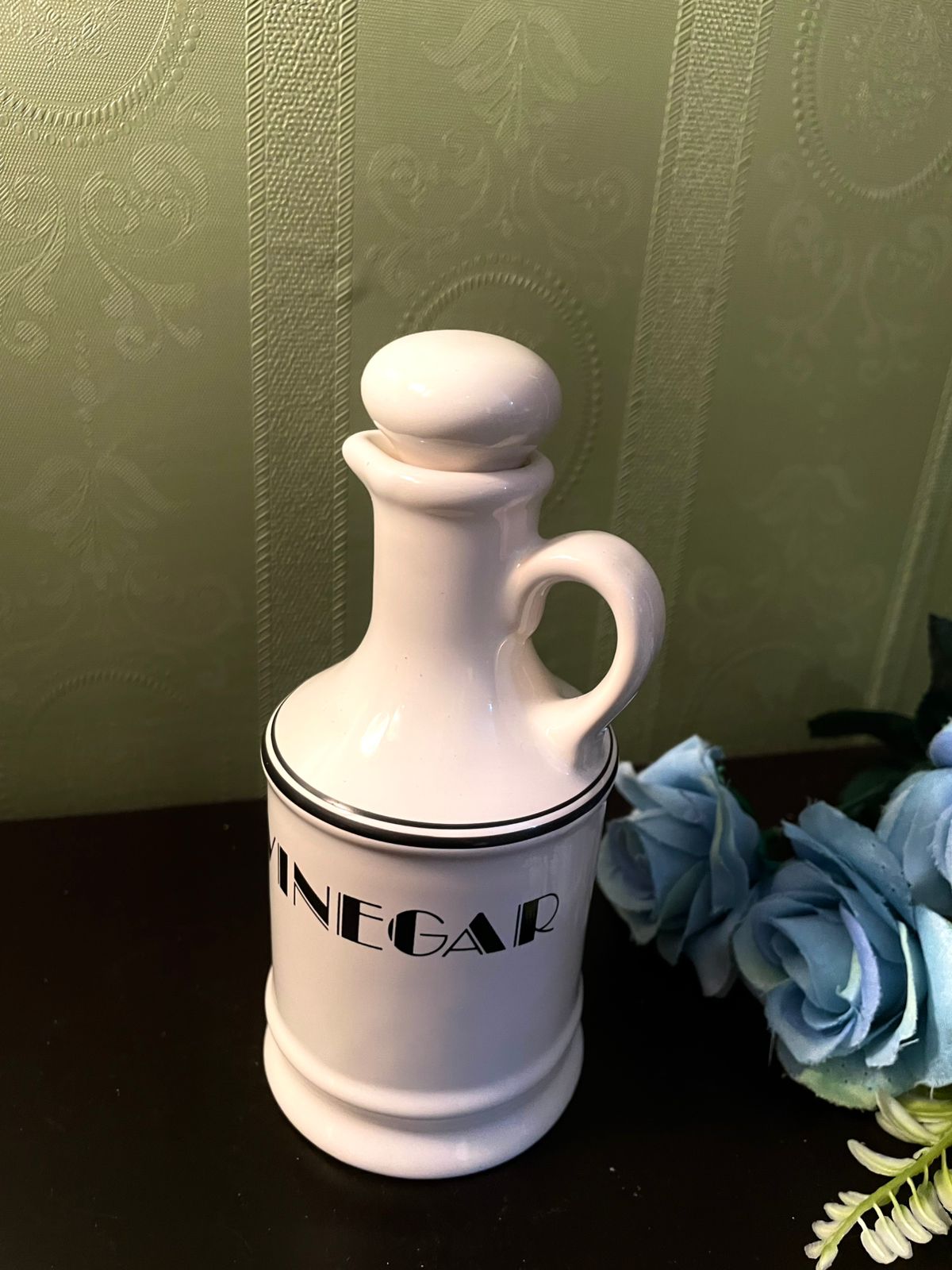 Vintage White Ceramic Vinegar Bottle with Stopper 6 Inch