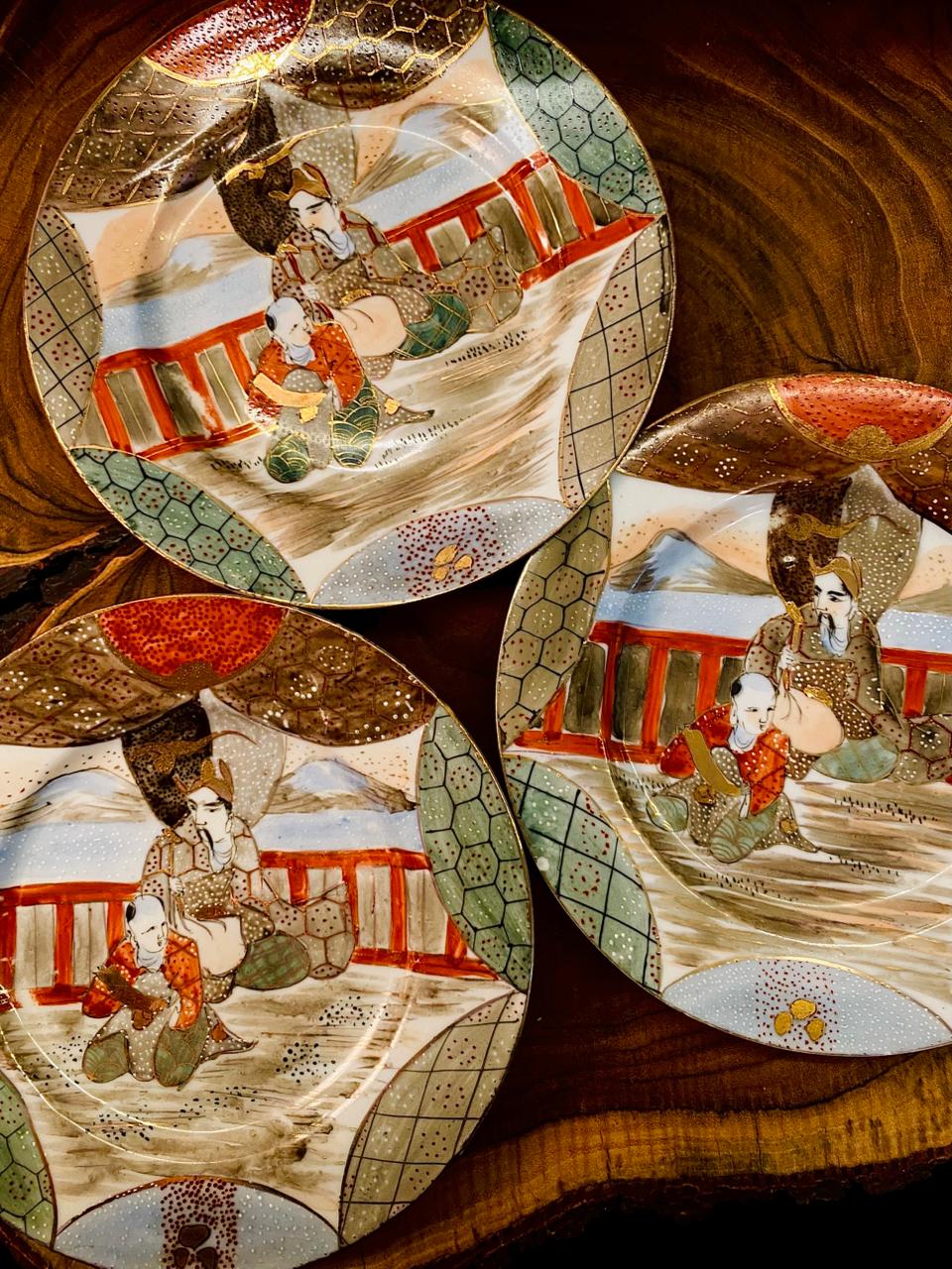 Vintage Oriental Hand Painted Plates Set Japanese Style Pair