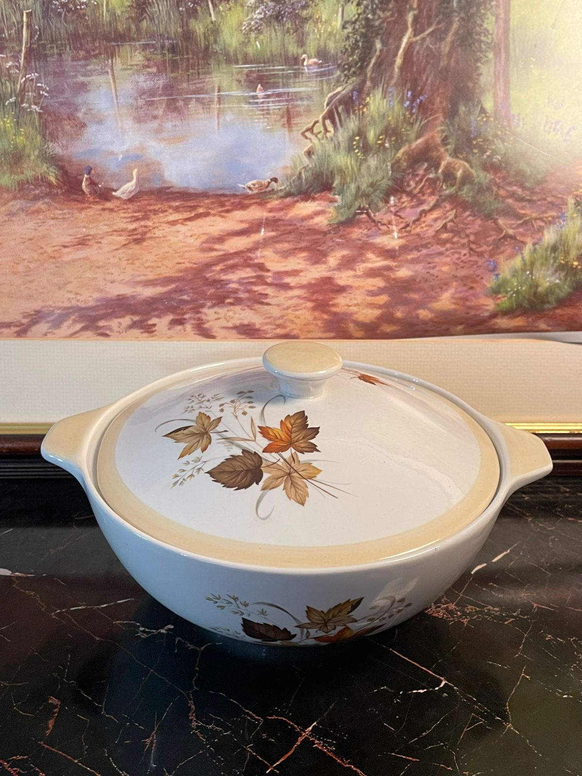 alfred meakin tureen, ironstone covered dish England, vintage soup tureen Pakistan, autumn leaf crockery, Alfred Meakin England ironstone, rare thrift finds Pakistan, collectible English crockery, vintage dinnerware bowl with lid, heritage English ceramics, dining table centerpiece crockery