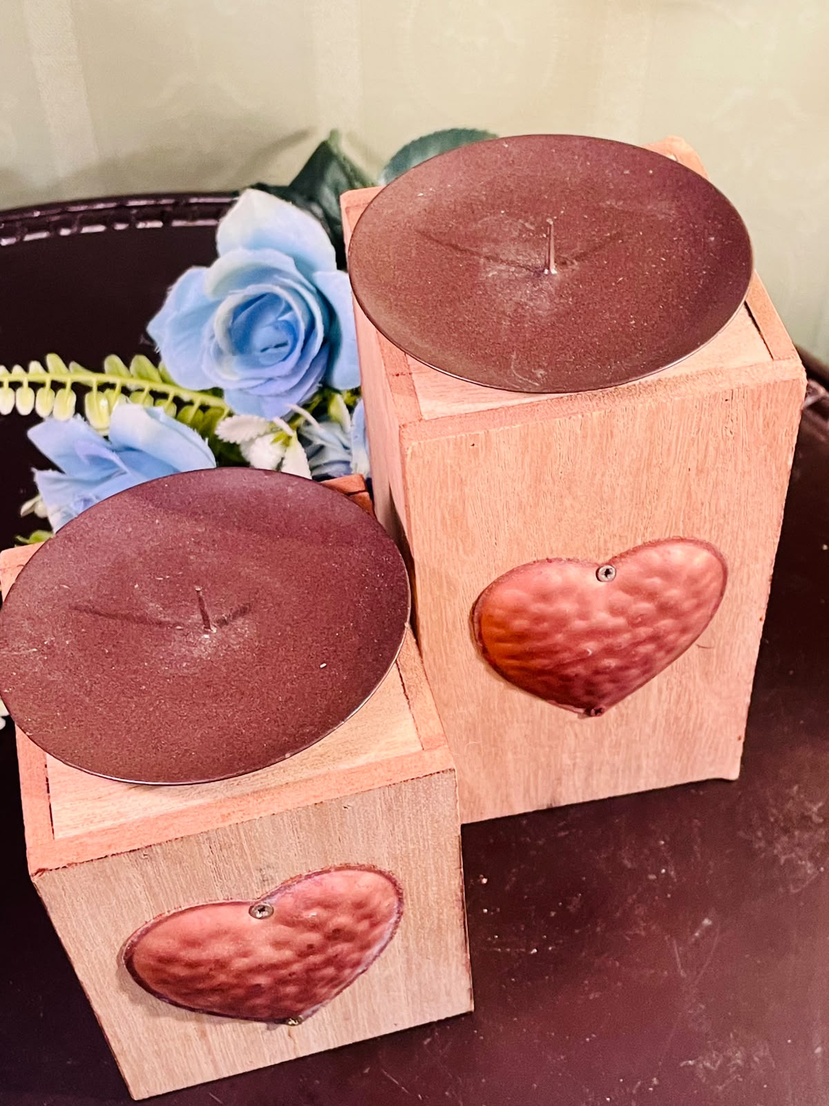 Rustic Wooden Heart Pillar Candle Holder Set – Decorative Wood Candle Stands (2 Pieces, 4 & 5 Inch)