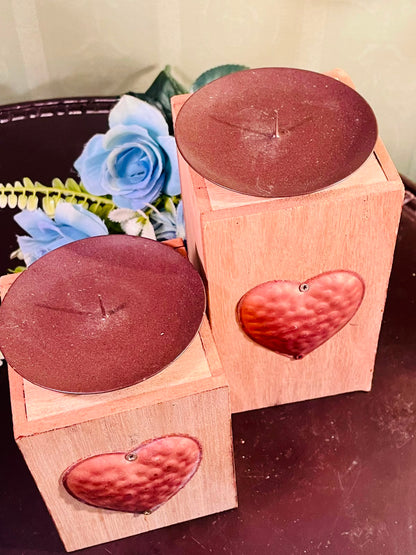 Rustic Wooden Heart Pillar Candle Holder Set – Decorative Wood Candle Stands (2 Pieces, 4 & 5 Inch)