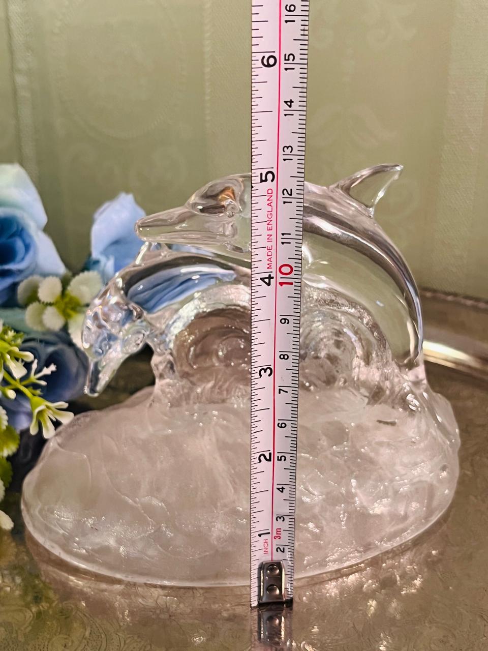 Vintage Clear Crystal Dolphin Sculpture 13 cm Wave Base
