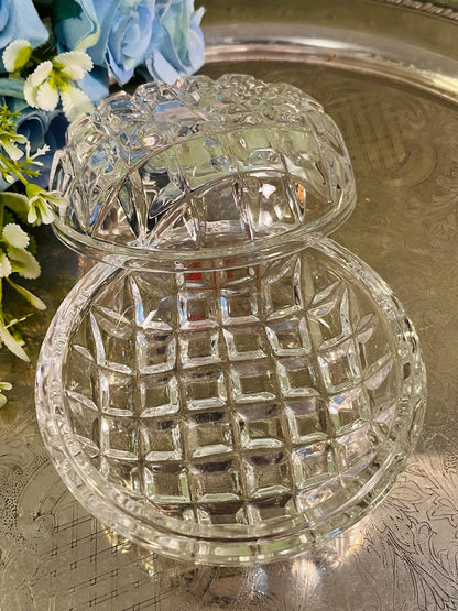 Vintage Pressed Crystal Lidded Bowl 12 cm Geometric Design