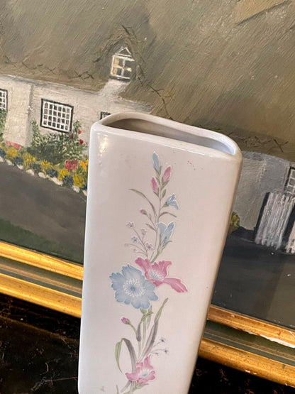 Vintage Wall hanging vase - Floral Rectangular Ceramic Vase – Pastel Pink & Blue Blossoms (England)
