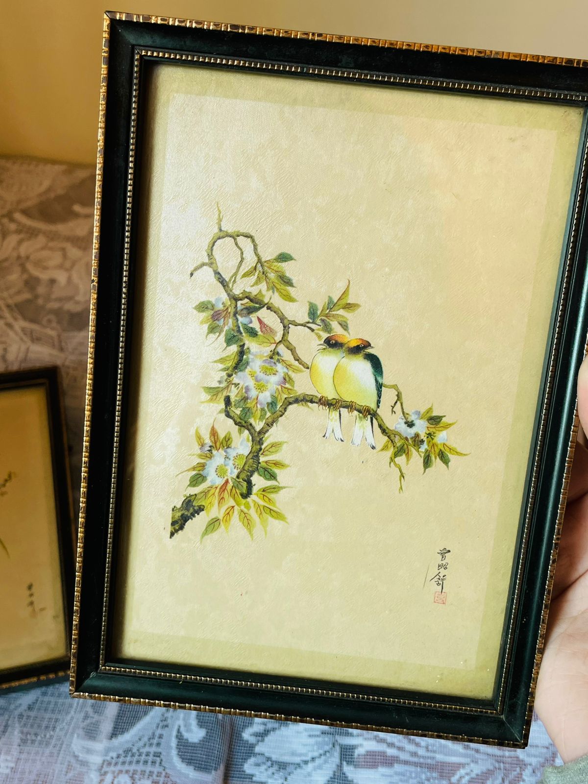 Set of 2 Asian Bird Art Paintings – Black Gold Framed Wall Décor