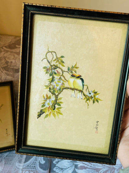Set of 2 Asian Bird Art Paintings – Black Gold Framed Wall Décor