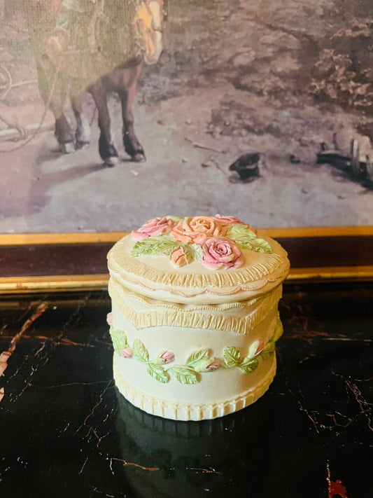 Vintage English Stoneware Trinket Box – Pastel Roses & Lace Relief Design