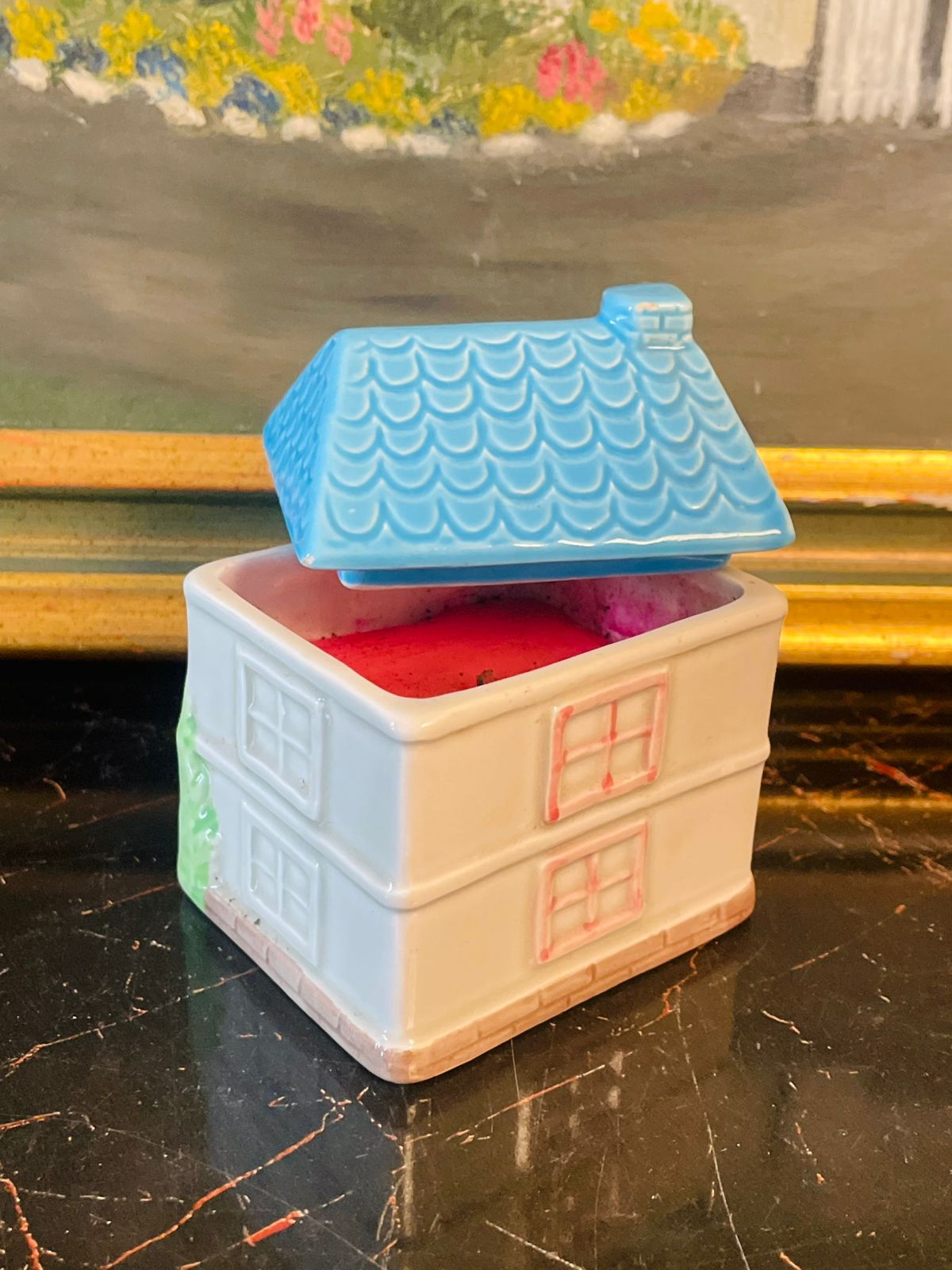 Vintage Ceramic Cottage Candle – Blue Roof House Design – England Style – 4 Inches