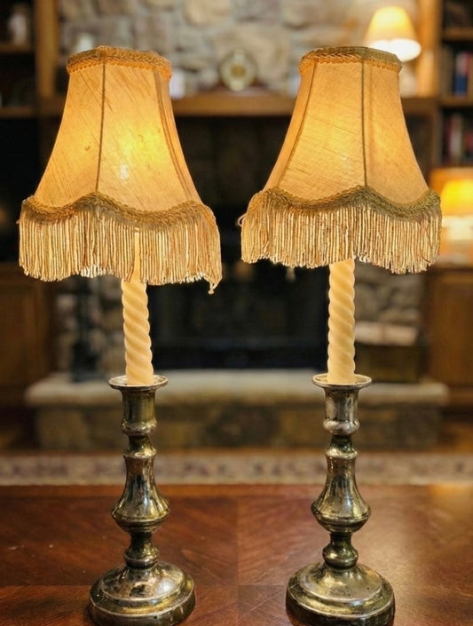 Rare Find Silver Candle Lamps Pair, Silver-Tone Candle Holders Pair with led candles & shades