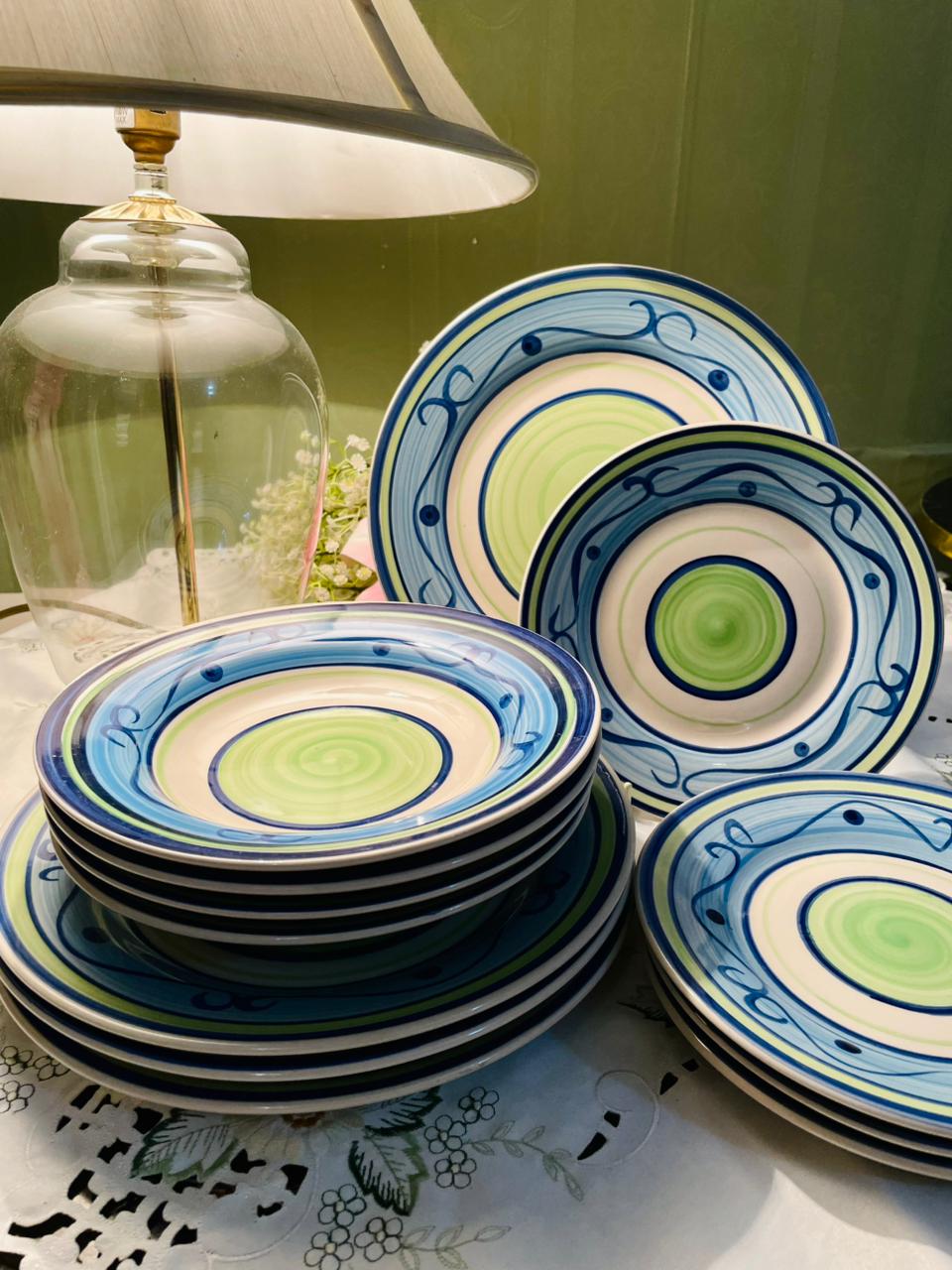 Hand-Painted Blue & Green Ceramic Plates Set, 12 Pieces