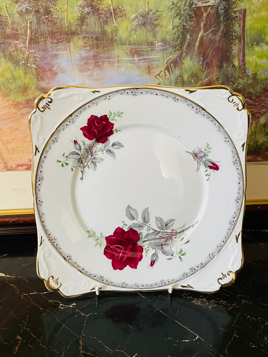 Royal Staffordshire plate, Roses to Remember china, square floral plate England, gold rim collectible plate, vintage English china, fine bone china England, floral dessert plate, rare thrift finds Pakistan, European vintage treasures, heritage English crockery, pink rose vintage plate