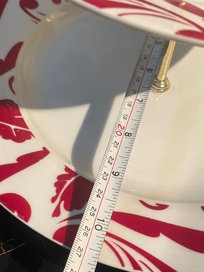 Red Damask Two-Tier Porcelain Cake Stand — Modern Elegance for Tea & Dessert Tables