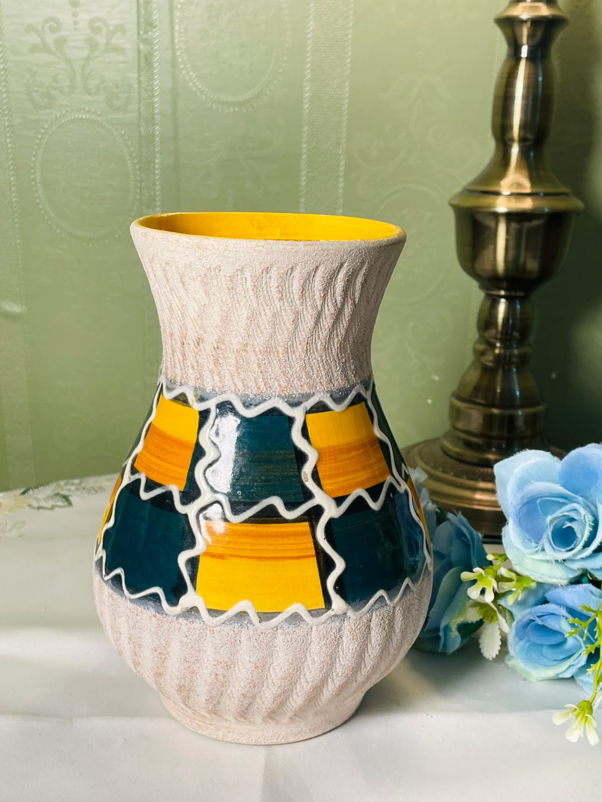 Hand painted West German Pottery Abstract Geometric hand painted Vase 19 cm