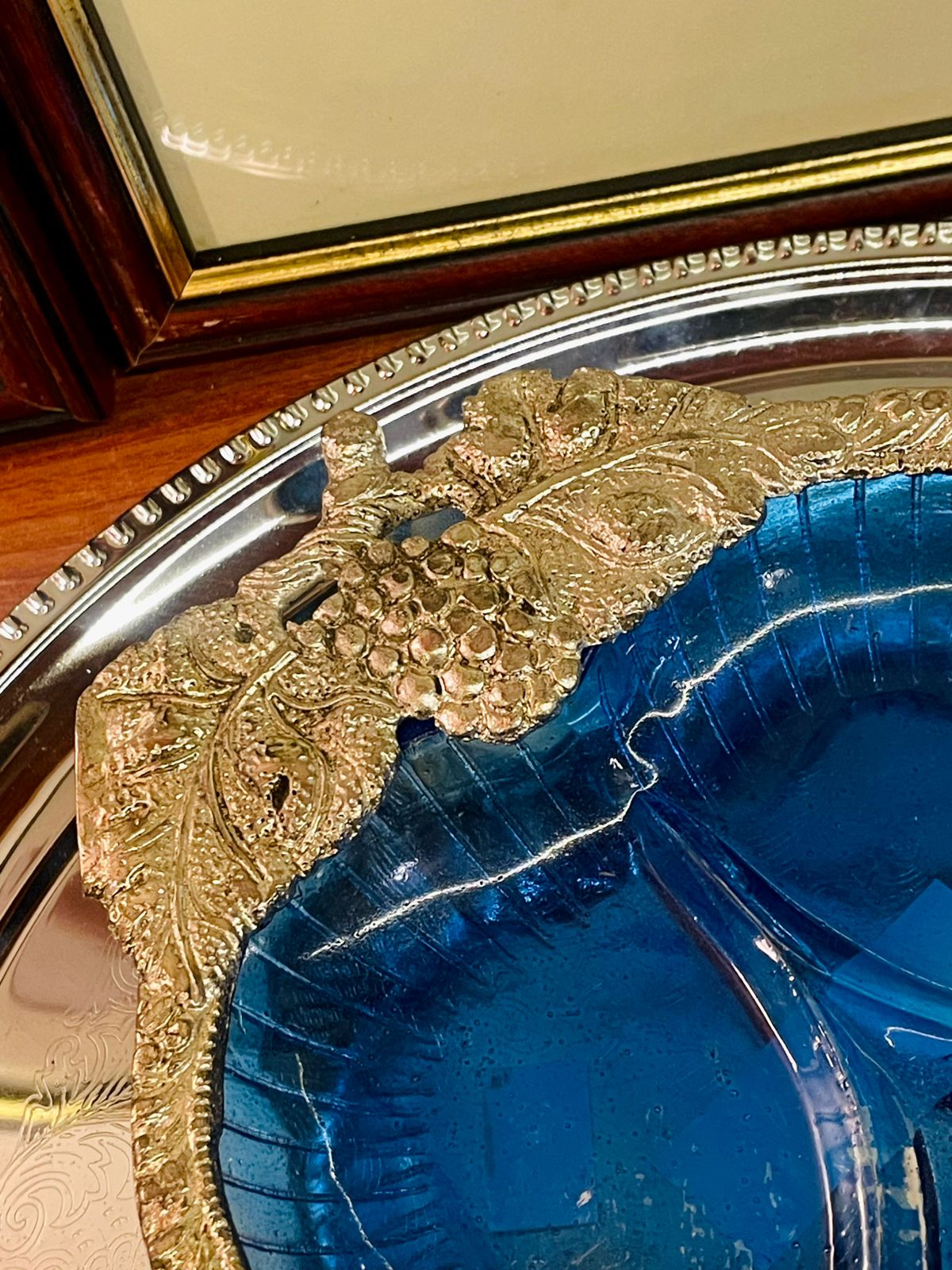 Blue Glass & Metal Leaf-Shape Divided Serving Dish, Silverware