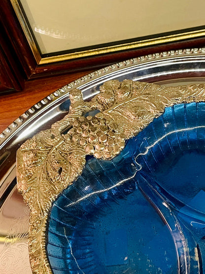 Blue Glass & Metal Leaf-Shape Divided Serving Dish, Silverware