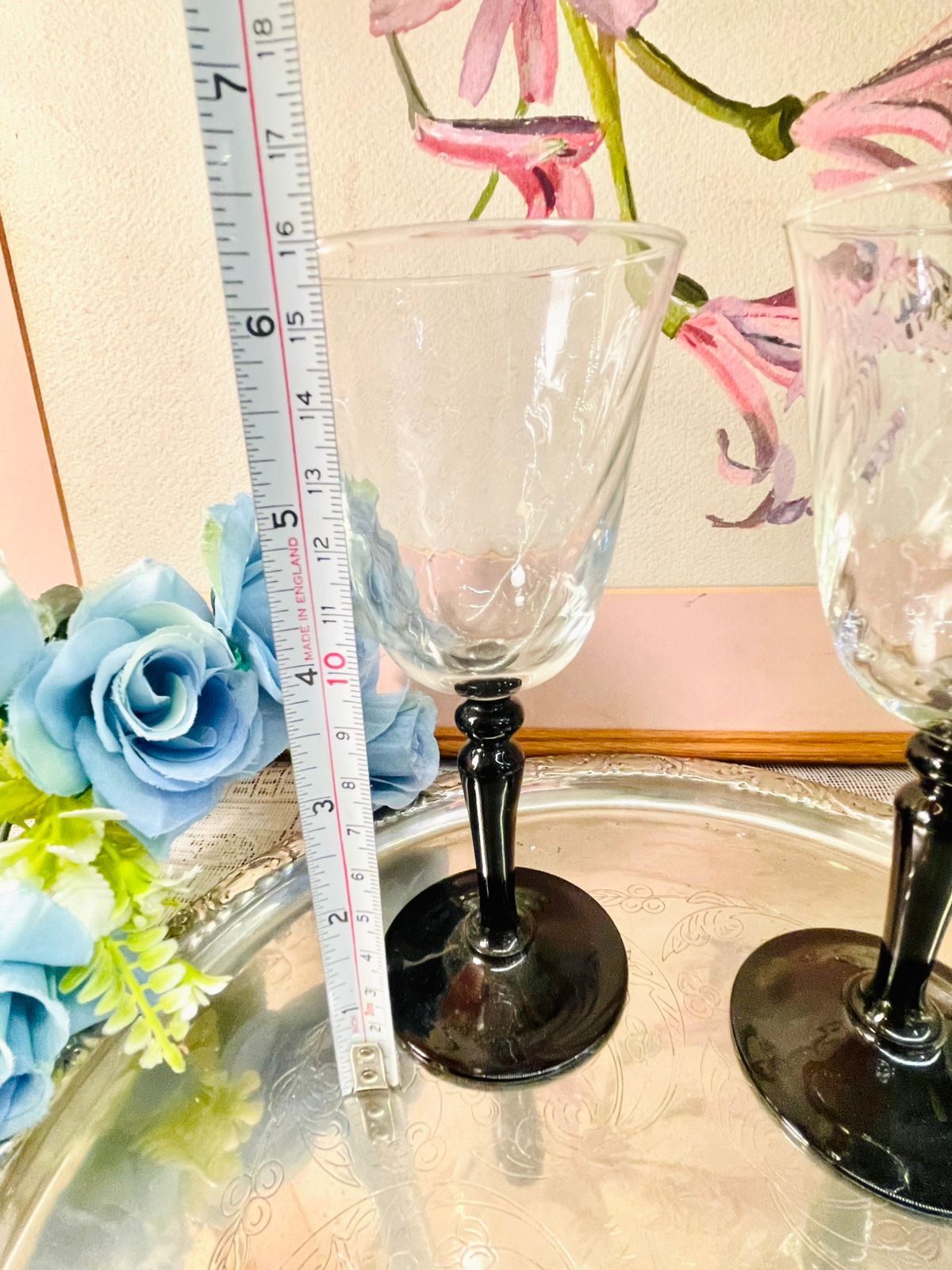 Vintage Clear Goblets with Black Stems – Set of 2