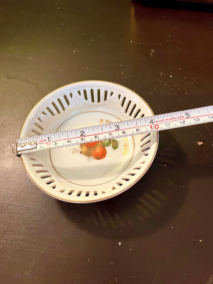 Vintage Fruit Motif Pierced Porcelain Dish 12 cm Gold Rim