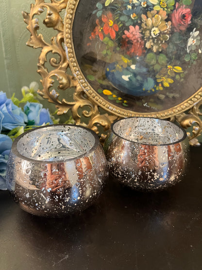 Set of 2 Mercury Glass Candle Holders / Speckled Silver Votive Bowls
