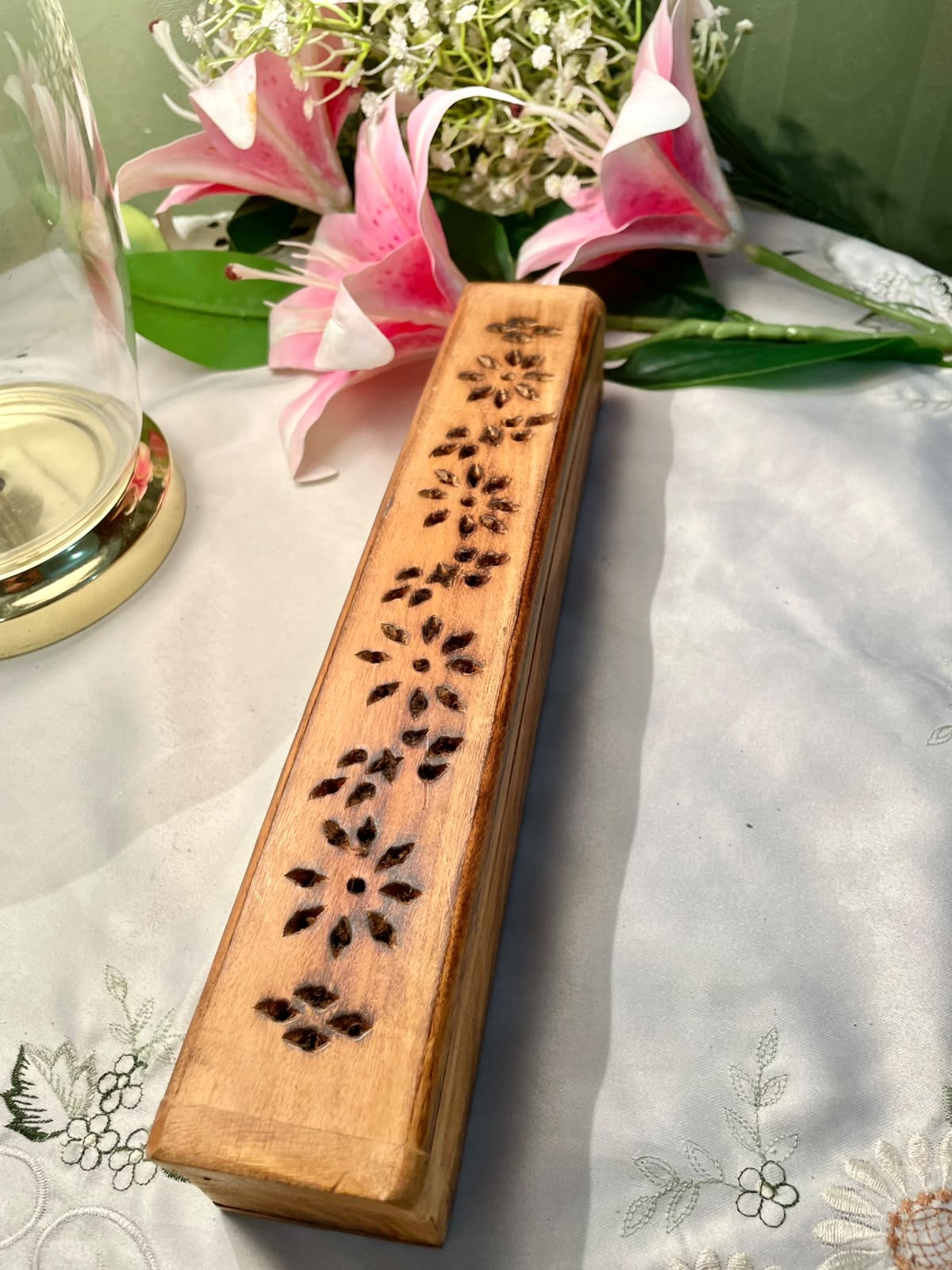 Vintage Wooden Incense Holder Box Carved Design 30 cm