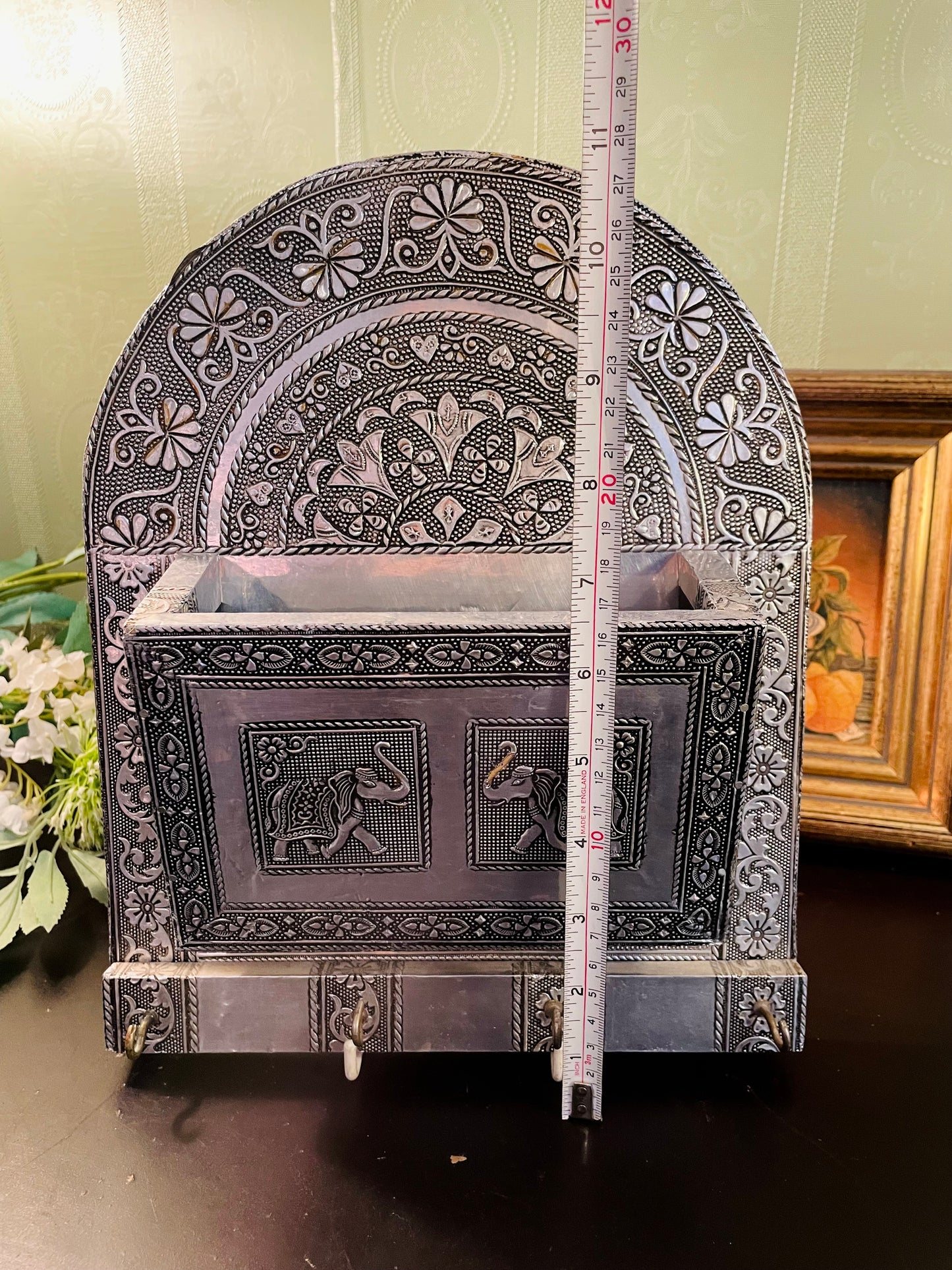Antique Embossed Metal Wall Letter & Key Holder – 28 cm