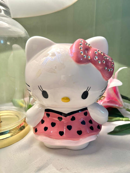 White Pink Cat Coin Bank Rhinestone Bow  18cm - 1 Piece