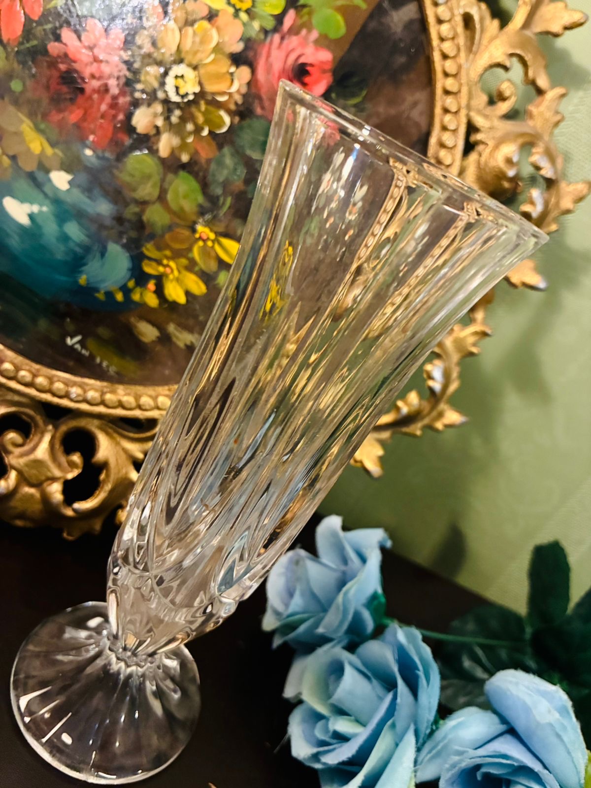 Vintage Tall Clear Pressed Glass Footed Vase